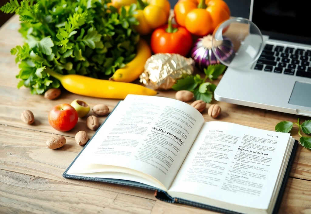 Un libro abierto y un ordenador portátil con alimentos saludables y plantas, simbolizando el blog de salud y bienestar.