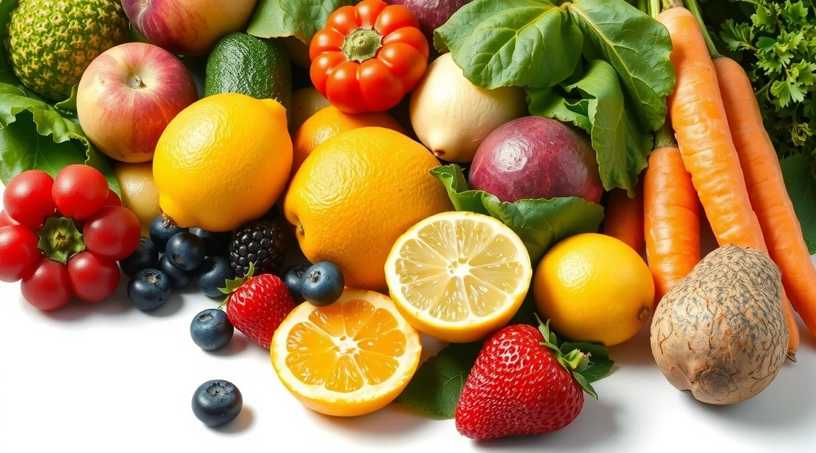 Una variedad de frutas y verduras coloridas, representando vitaminas esenciales.