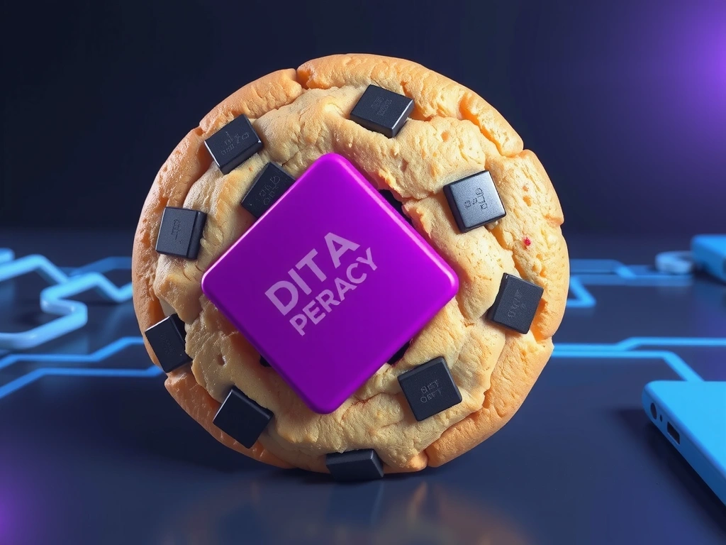 Ilustración de una galleta digital con chips de datos representando una cookie de internet.