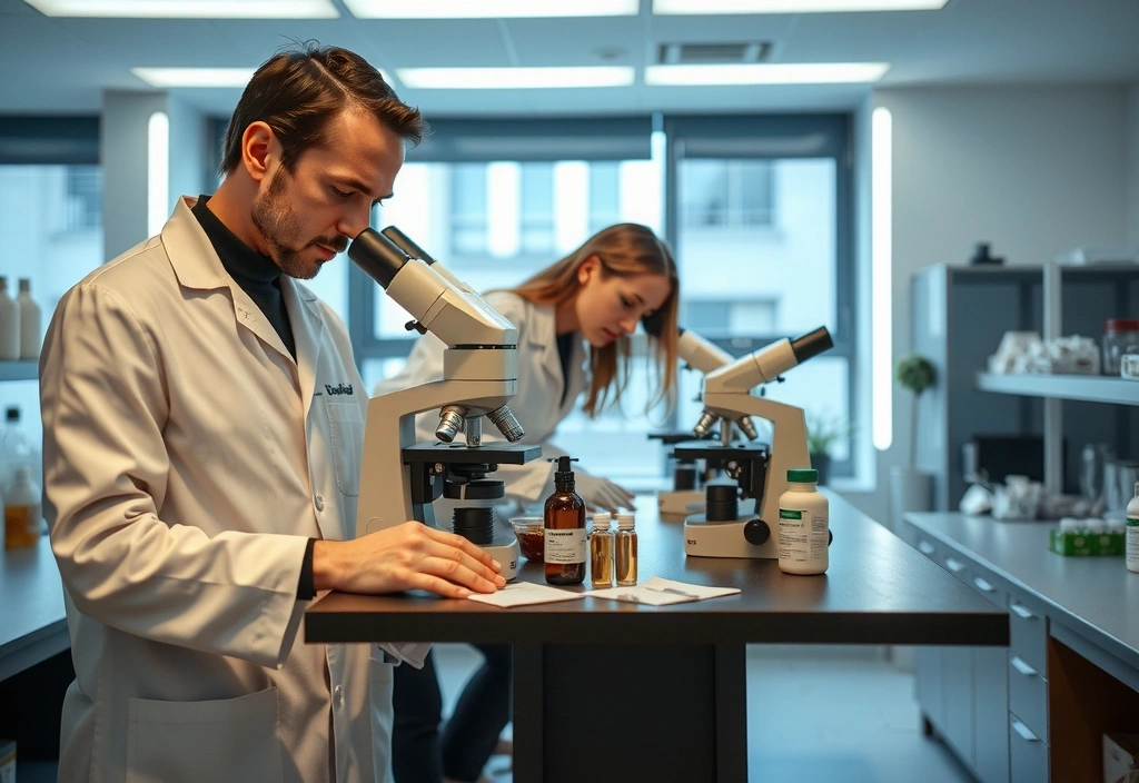 Equipo de Suplementos Sevilla trabajando en un laboratorio moderno con equipos de análisis de alta tecnología