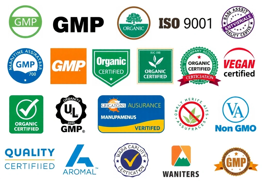 Iconos y sellos de calidad y certificaciones como GMP, ISO, orgánico, vegano