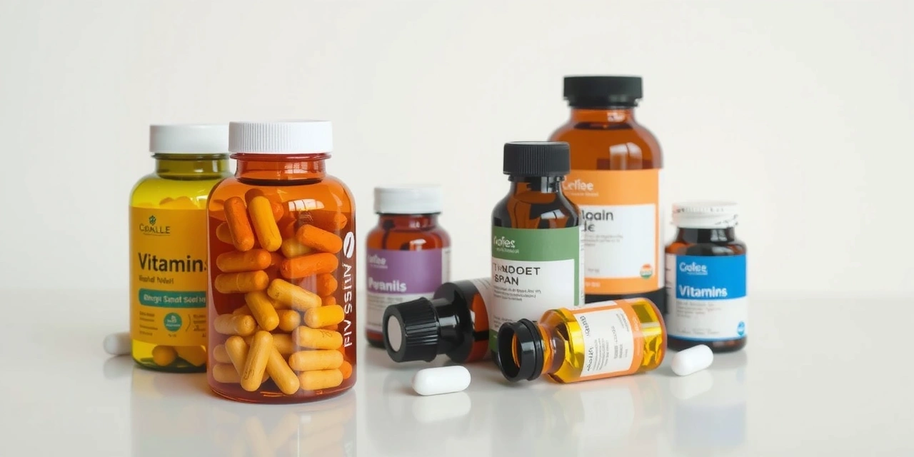 Frascos de suplementos variados y especializados, sin texto en las etiquetas