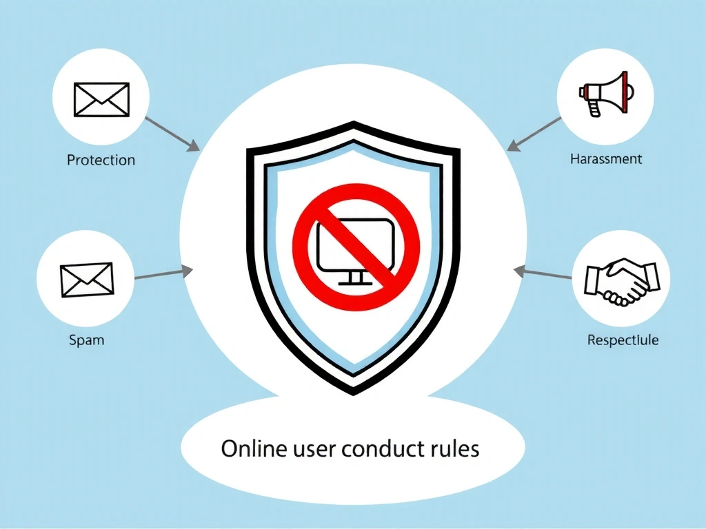 Ilustración de normas de conducta online, con un escudo y prohibiciones de spam y acoso.